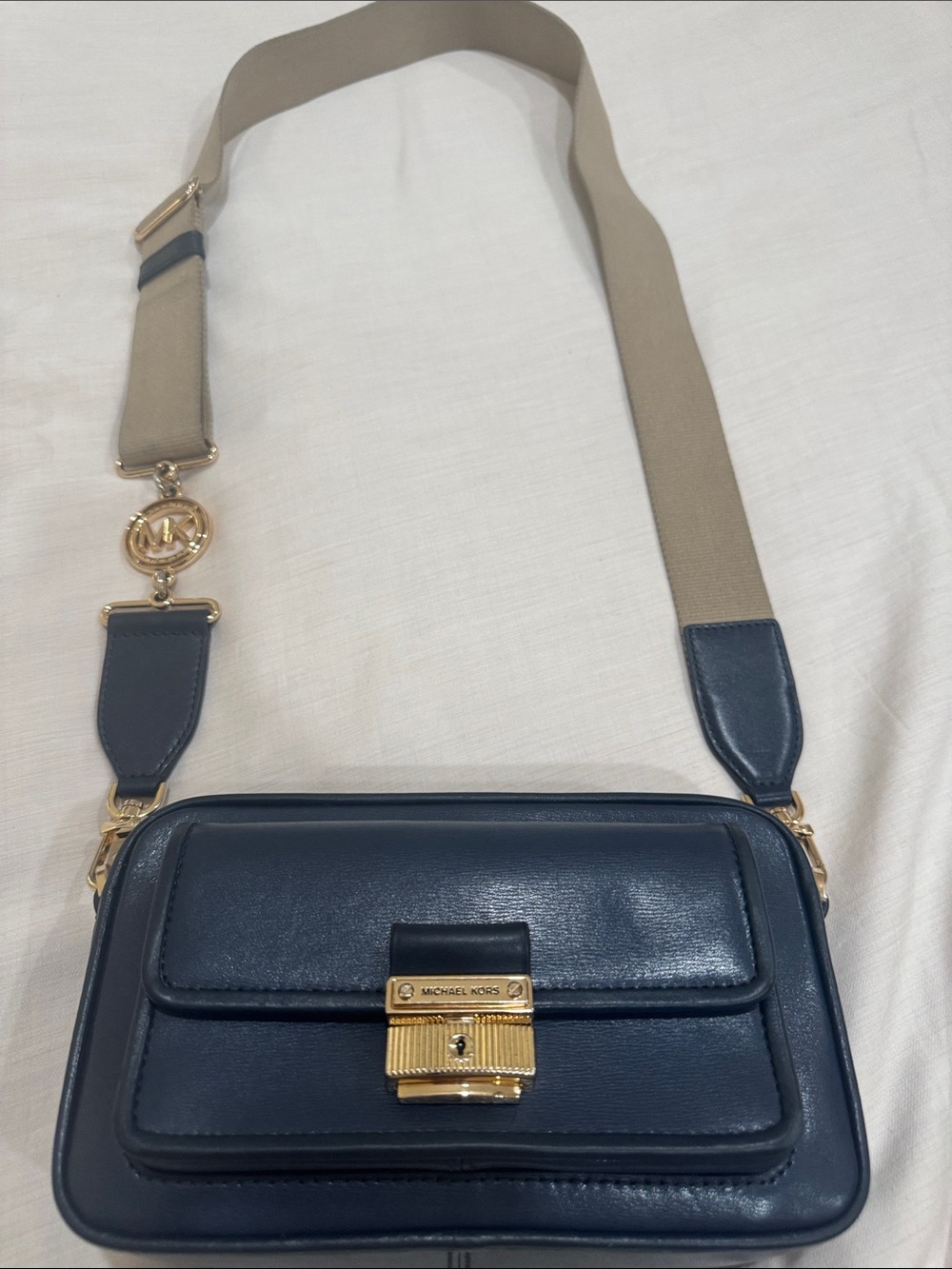 Michael Kors Navy Leather Crossbody with Taupe Strap and Gold Hardware